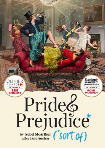 A poster of Pride & Prejudice* (*sort of) featuring 5 women in period dress in a period setting with a disco mirror ball. The women are having a wild party, playing various instruments, singing karaoke and drinking champagne from the bottle